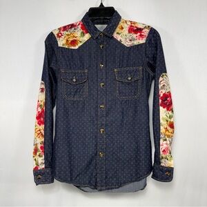 Jachs Girl Friend Dark Wash Denim Floral Print Western Button Down Shirt S